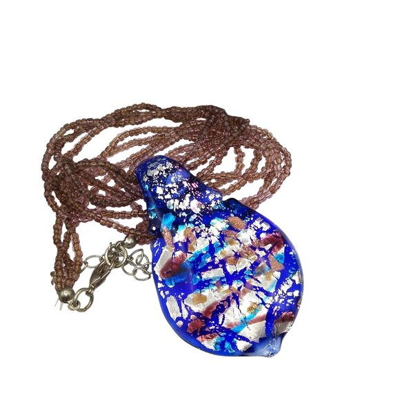 Dichroic Art Glass Modernist Pendant on Multi Strand Seed Bead Necklace, Vivid - Picture 4 of 5